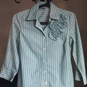 Mint Green Striped Button Down with Flower Detail
